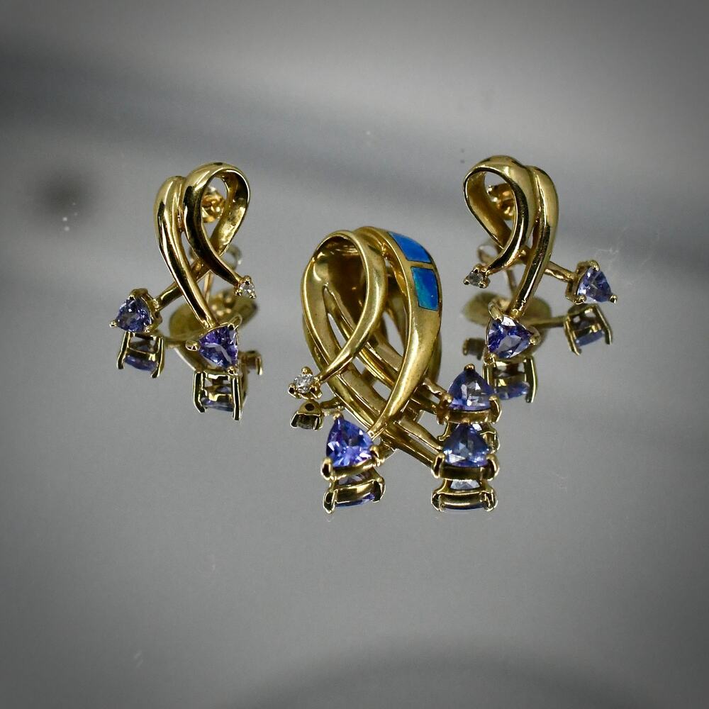 Vintage STS 10K Yellow Gold Tanzanite Opal Diamond Pendant Earrings Suite Set